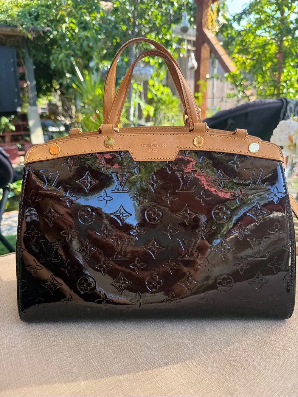Louis Vuitton Vernis Monogram Satchel in Dark Brown with Natural Trim
